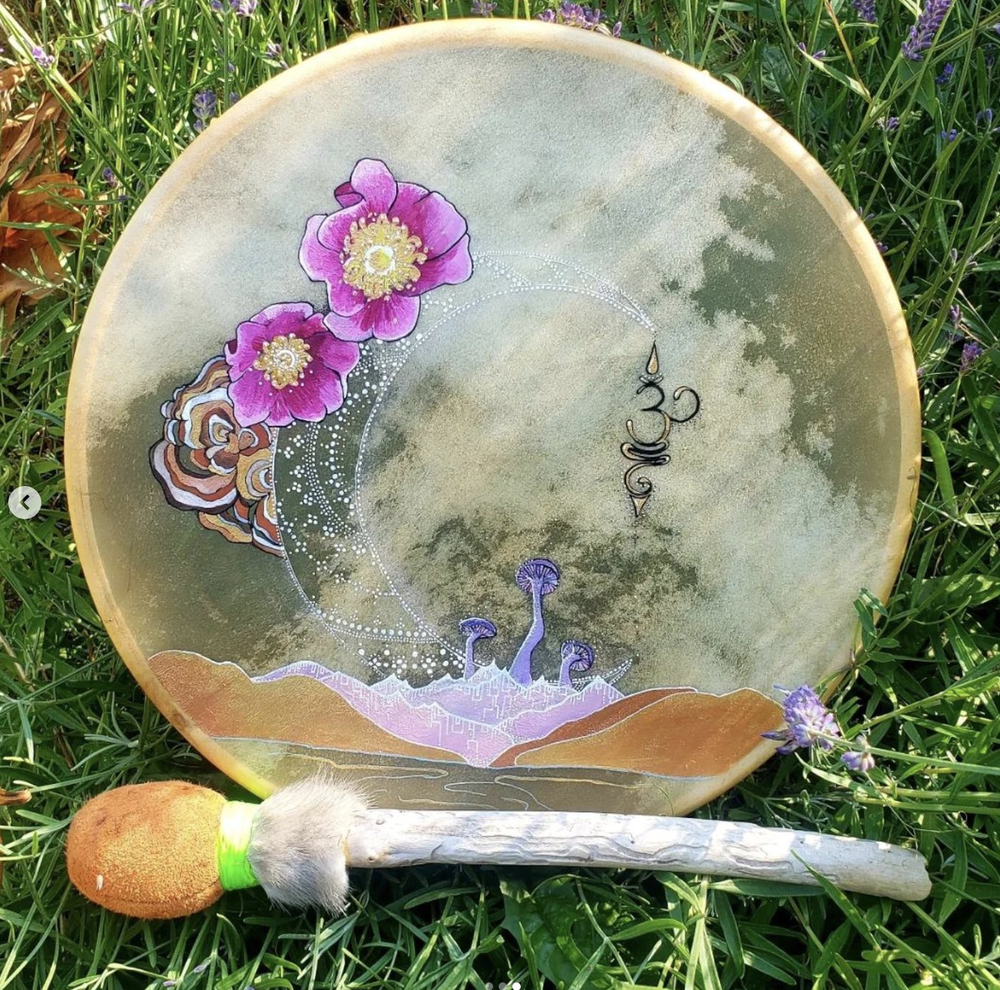 Hand drum painted with peonies and a mushroom